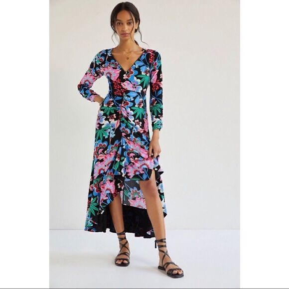 NEW Anthropologe Maeve Ruched V-Neck Black Floral High-Low Maxi Dress Size 14 - Picture 7 of 10